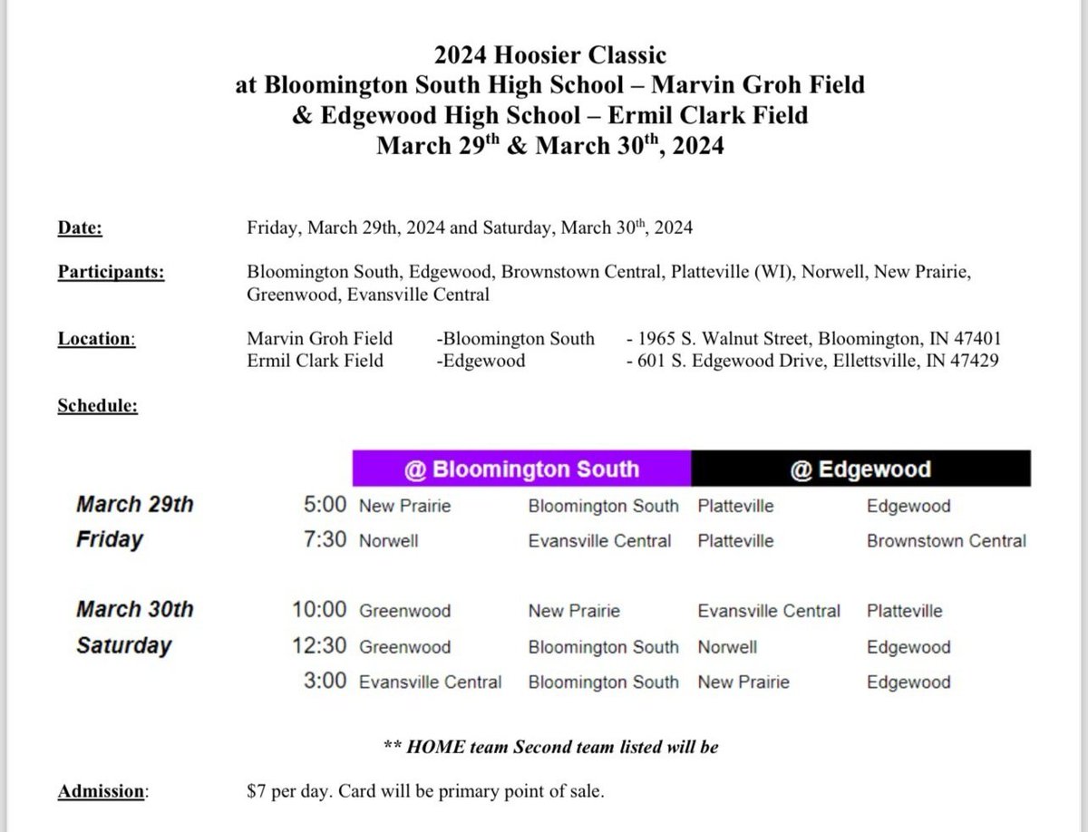 Area baseball gets started this week with a new tournament, the Hoosier Classic at South and Edgewood on Friday and Saturday. Here's the schedule: