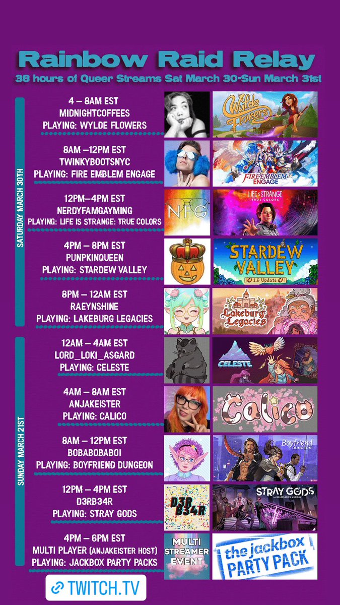 We are less than 36 hours away from the next Rainbow Raid Relay! 
38 hours of queers streamers and queer games! 
Join <a href="/midnightcoffes/">coffees</a> @twinkyboots <a href="/NerdyFamGayming/">NerdyFamGayming</a> <a href="/PunpkinQueen/">PunpkinQueen 🏳️‍⚧️</a> <a href="/raeynshine/">RaeynShine 🌦️</a> <a href="/MC_LordLoki/">Lord Loki's Theater of Mischief</a> <a href="/BobaBoiVT/">BobaBobaBoi</a> #D3RB34R and me Saturday through Sunday!