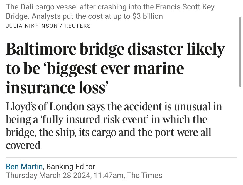 أبو عمّار on X: "🥷 Baltimore bridge disaster likely to be 'biggest ever  marine insurance loss' “The accident in Baltimore is UNUSUAL because it is  a “FULLY INSURED RISK EVENT”, meaning that