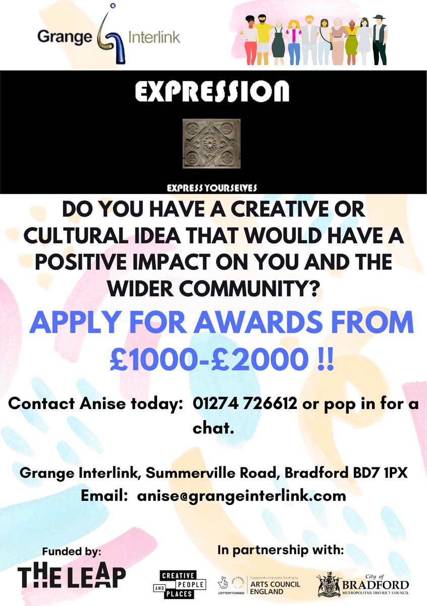 Do you have an idea for a Cultural or Creative Project? 📢 Our Creative Place Partner #GrangeInterlink are offering Awards of £1000-£2000 for #communityledculture projects, Get in touch for more info. #theleapBD #Communityledculture #Bradford #ArtsCouncilEngland #Create #Arts