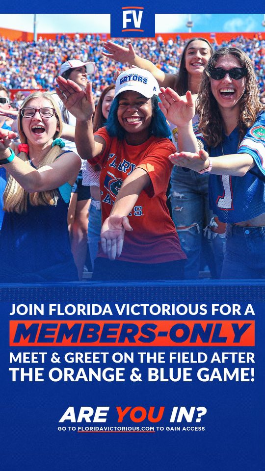 Gator Nation, the time is now to help fuel the future! Join Florida Victorious and gain access to a member-exclusive meet & greet following the Orange and Blue Game. I better see you there. Are you in? @FL_Victorious #FloridaVictorious