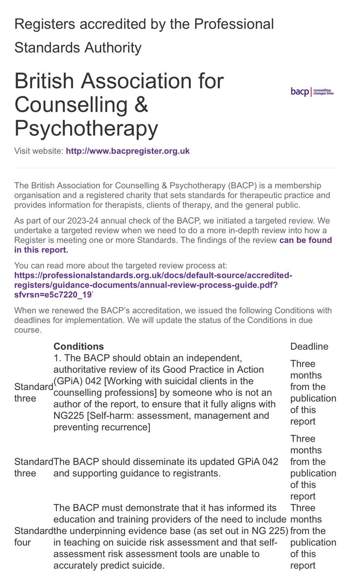 @prof_standards have imposed strict conditions on renewing @bacp ‘s accreditation. BACP have to commission an independent expert to rewrite their guidance on suicidal patients, and to show that all training courses conform to NICE NG225 standards. By 28.06.24