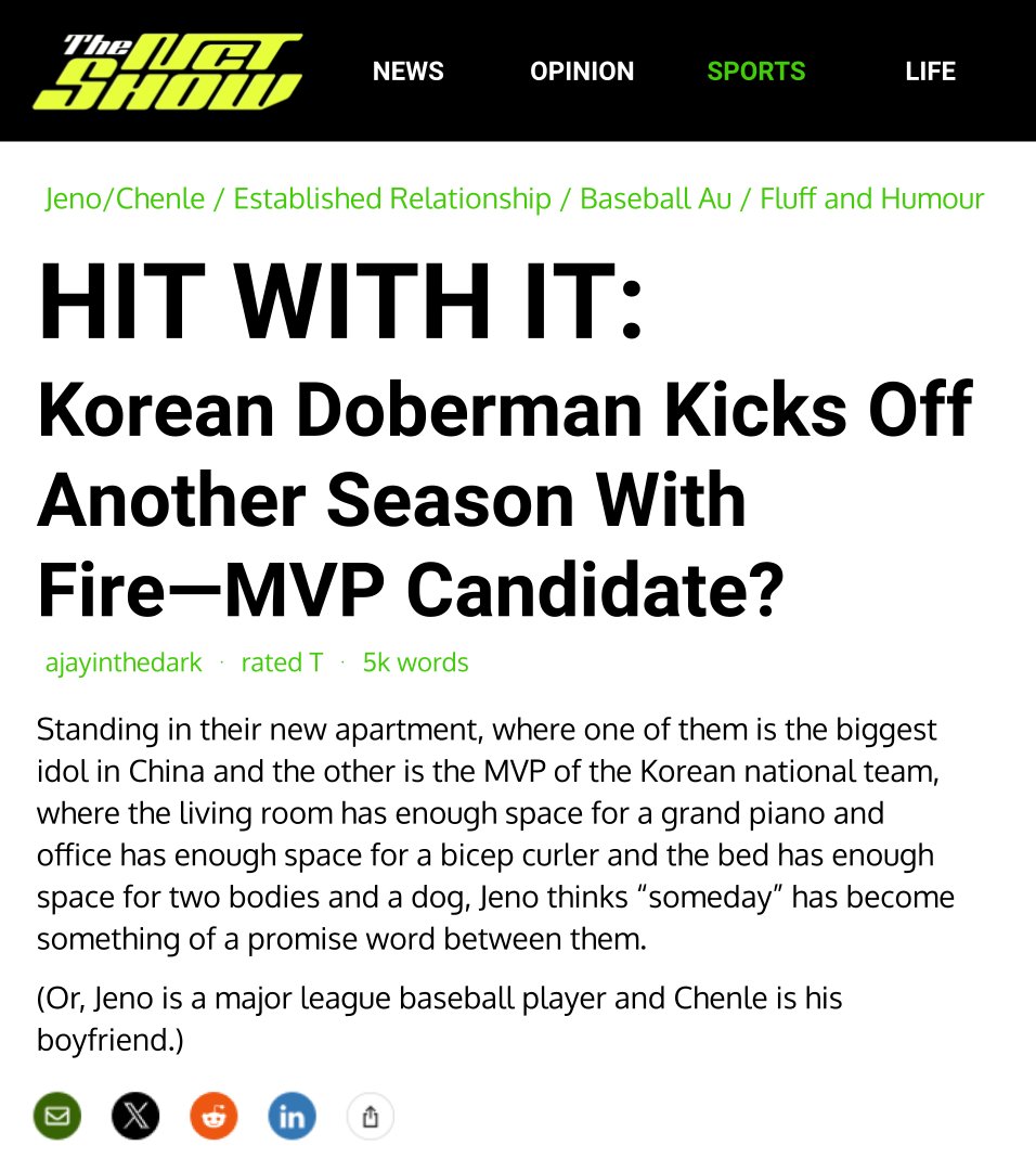 Hit With It

⚾️ one-shot, 5.0k 
⚾️ jenle (jeno/chenle)
⚾️ baseball au, baseball player!jn and wag!cl, established relationship, fluff and humour, jenle typical puppy-kittyisms, JN HITS FOR THE CYCLE!, cl can't throw, etc. 
⚾️ t for humour

⚾️ link in replies