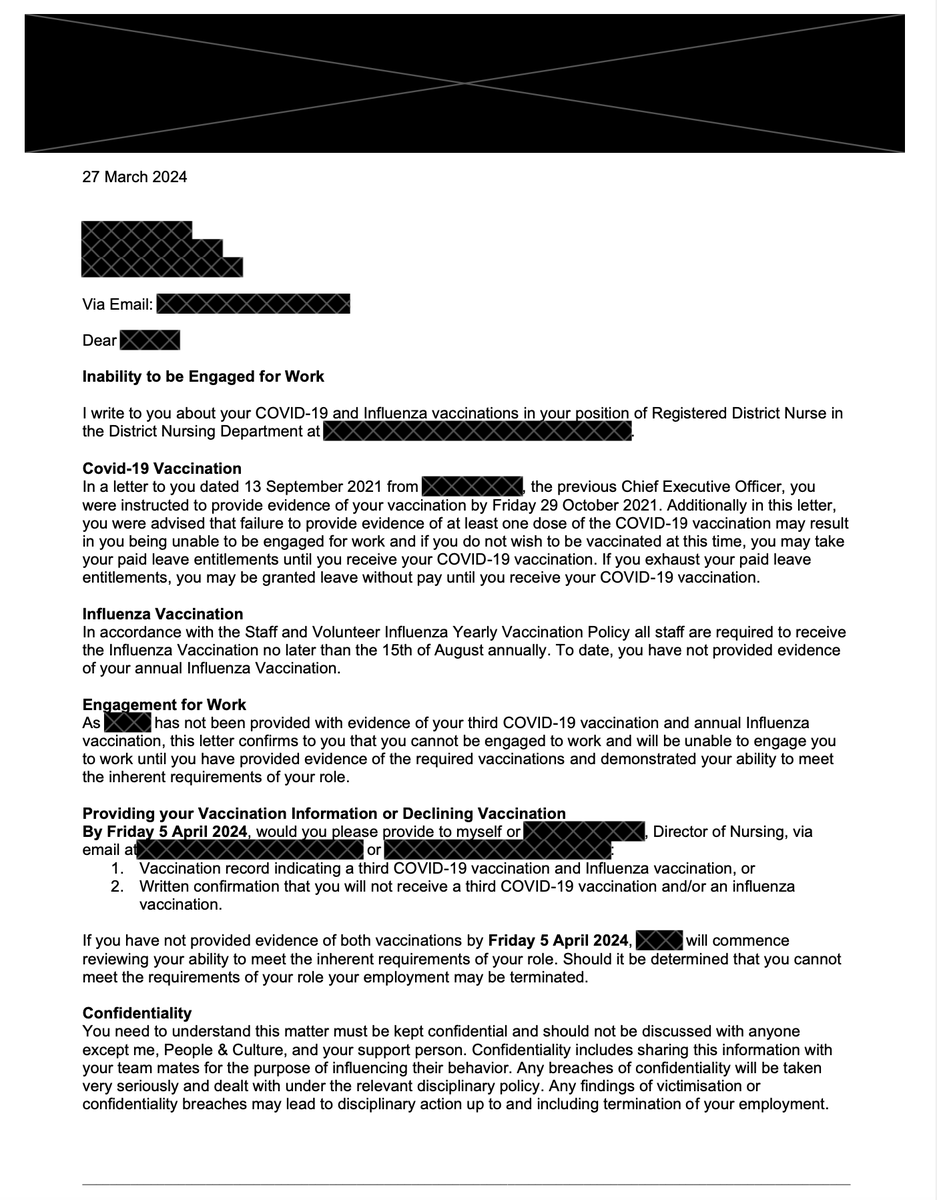 Ive tagged you all in the hope you can shine some light on my Wife's recent letter from her "employer" a Victorian public hospital. A Div 1 Registered Nurse, we have lost hope.
<a href="/CliveFPalmer/">Clive Palmer</a>  <a href="/DrAseemMalhotra/">Dr Aseem Malhotra</a> <a href="/myletrinh123/">Dr My Le Trinh (suspended)🐭8:32</a> <a href="/CraigKellyPHON/">Craig Kelly (parody)</a> <a href="/DrBillyBay/">The Victorious 🏆 Dr William Bay🥼</a> <a href="/SenatorAntic/">Senator Alex Antic</a> <a href="/SenatorRennick/">Senator Gerard Rennick</a>