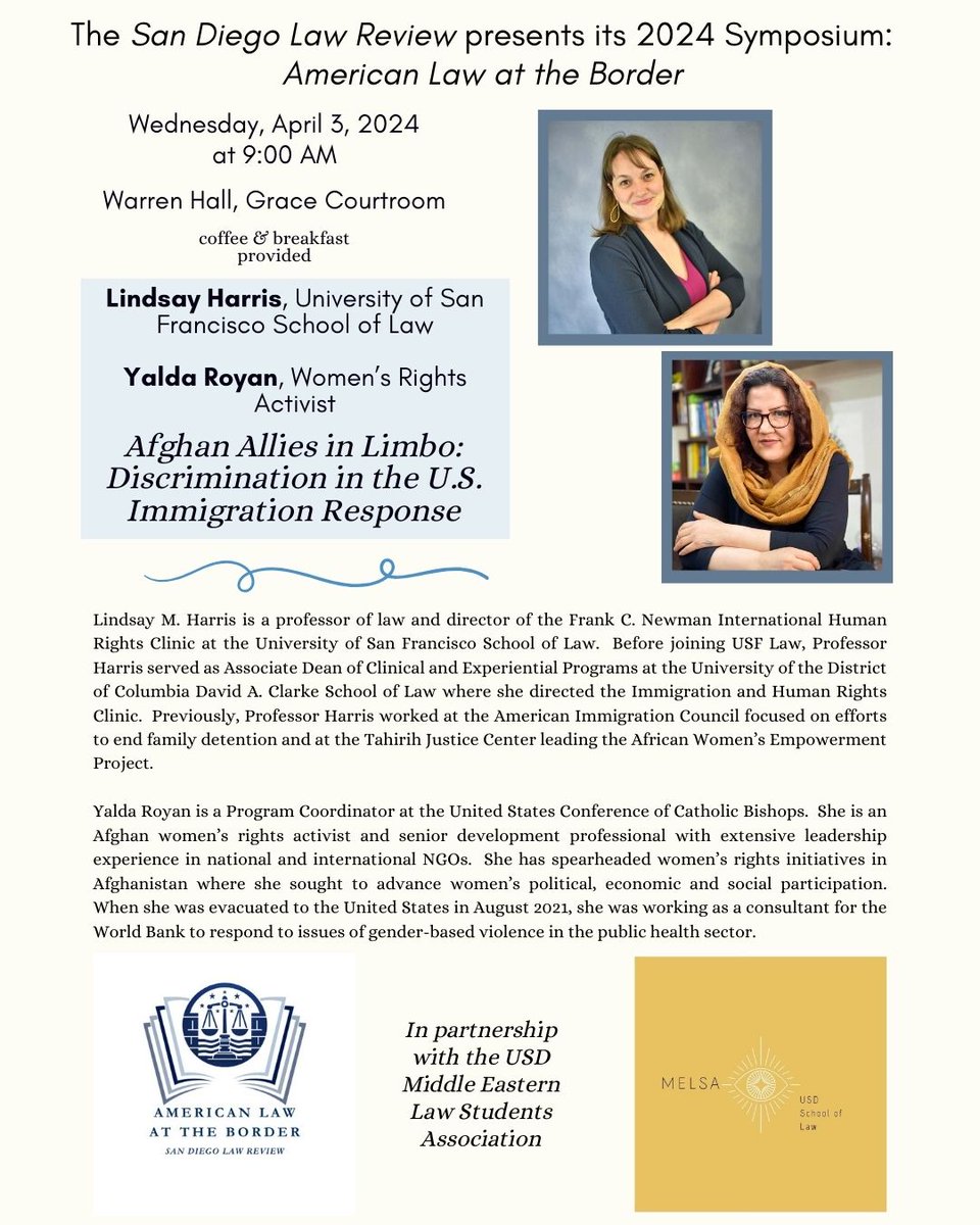 Next week @YaldaRoyan + I will speak about our piece #AfghanAlliesInLimbo @ @USanDiegoLaw Symposium - American Law at the Border. We're thrilled to have received support from the #ParticipatoryLawScholarship fund & to be a part of this movement! @Rachel_E_Lopez DM for link!