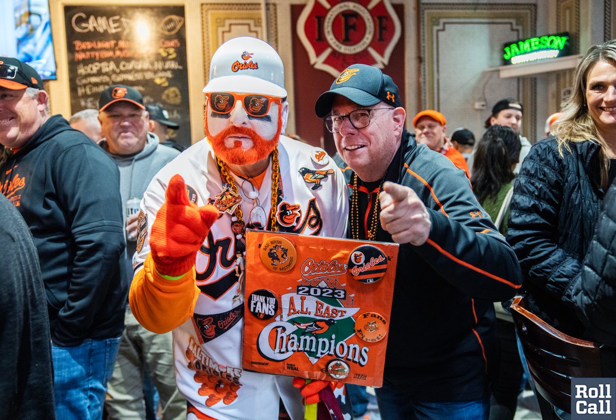 .@GovLarryHogan, GOP candidate for U.S. Senate, poses for a photo with Pat McFaul at Gameday Firehouse in Baltimore before the @Orioles Opening Day game on Thursday, March 28, 2024.