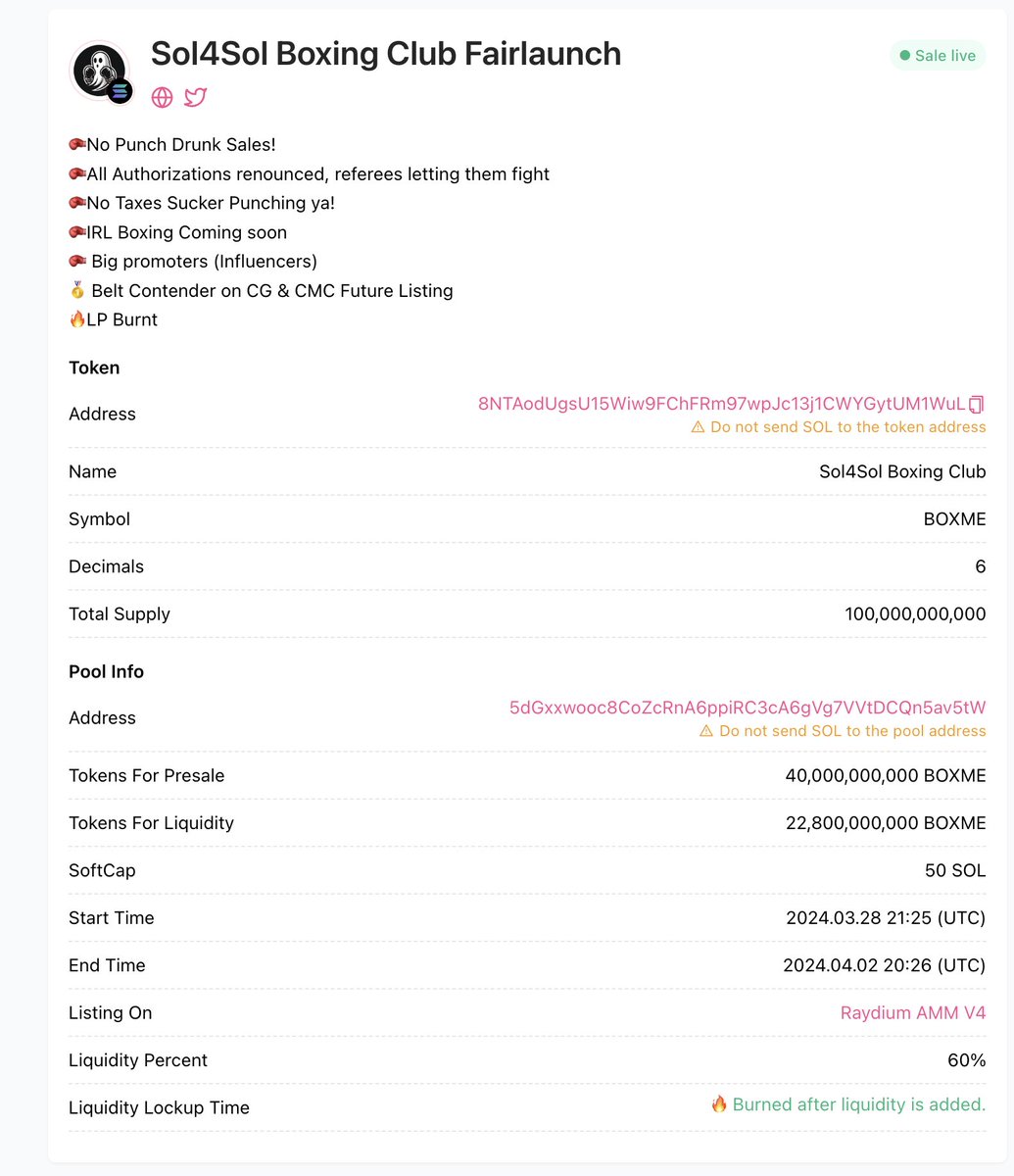 Sol4SolBoxing's tweet image. Shots out to @pinkecosystem for the platform to create a fair launch for the $boxme token! 
🥊100% of the LP Burnt
🥊IRL Boxing
🥊Contract renounced 
🏆NO Tax

Be apart of the Premier Boxing club on #Solana