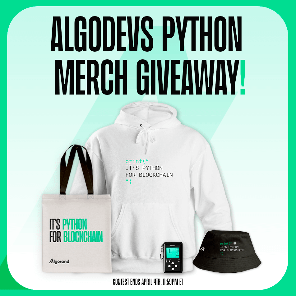 🐍 Python is now on Algorand! 🐍 ✨ We’re excited to announce an EXCLUSIVE Python merch opportunity in celebration of AlgoKit 2.0's release. We will be giving away 3 AlgoDevs Python bundles* To participate: 🟢 Follow @algodevs 🟢 Like + RT 🟢 Download AlgoKit and reply with…
