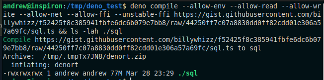 for folks who don't keep up to date with @deno_land, this is kinda cool. run this command and it will compile a (very fast) FFI based SQLite application using @undefined_void's SQLIte library. 60 MB on macos. 80 MB on linux. should be able to make it much smaller too. 🚀