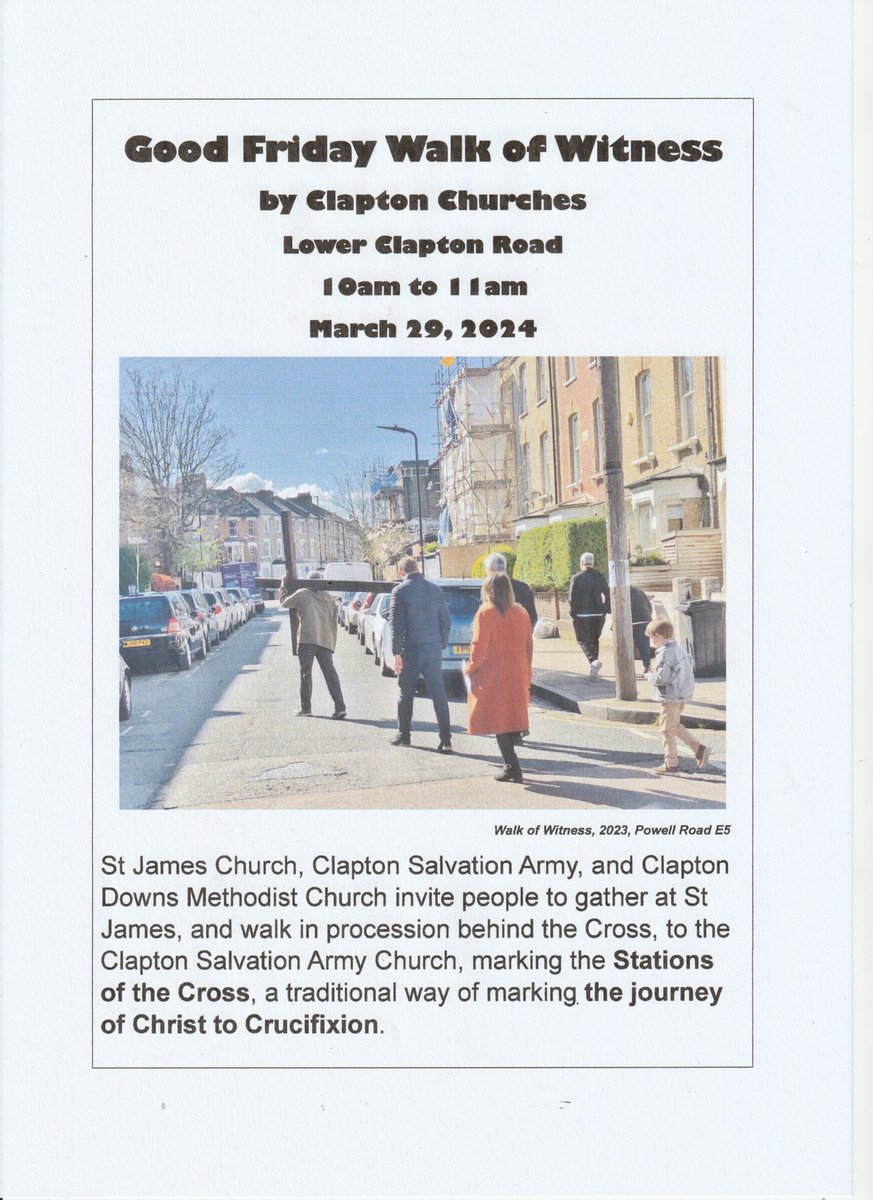 HackneyChurches (@churcheshackney) on Twitter photo There are several Good Friday Walks of Witness in Hackney by local churches - join one and mark the journey of Jesus from trial to place of crucifixion.
<a href="/StJamesClapton/">St James Clapton</a> <a href="/ClaptonSA/">Clapton SA</a> <a href="/LeabridgeLabour/">Lea Bridge Labour Hackney</a> <a href="/ClaptonPondE5/">Clapton Pond NAG</a> <a href="/HackneyDownsLab/">Hackney Downs Labour Cllrs 🇬🇧🇺🇦</a> @BSixCollege <a href="/PauloBessa/">PauloBessa</a> There are several Good Friday Walks of Witness in Hackney by local churches - join one and mark the journey of Jesus from trial to place of crucifixion.
<a href="/StJamesClapton/">St James Clapton</a> <a href="/ClaptonSA/">Clapton SA</a> <a href="/LeabridgeLabour/">Lea Bridge Labour Hackney</a> <a href="/ClaptonPondE5/">Clapton Pond NAG</a> <a href="/HackneyDownsLab/">Hackney Downs Labour Cllrs 🇬🇧🇺🇦</a> @BSixCollege <a href="/PauloBessa/">PauloBessa</a>