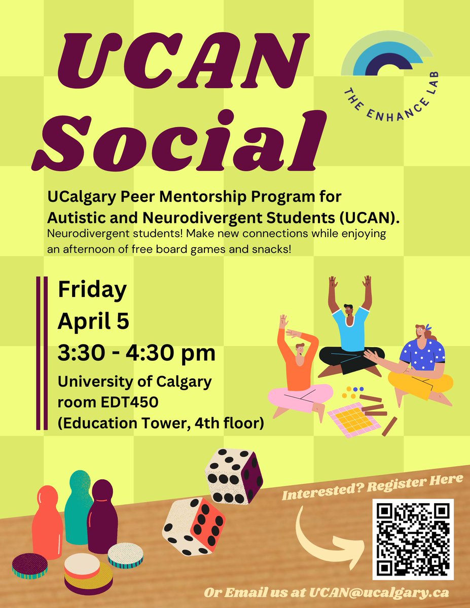 Autistic students at UCalgary are invited to join UCAN for a fun afternoon of board games and snacks. Sign up using the link below or email UCAN@ucalgary.ca to register for the social event. survey.ucalgary.ca/jfe/form/SV_8w…