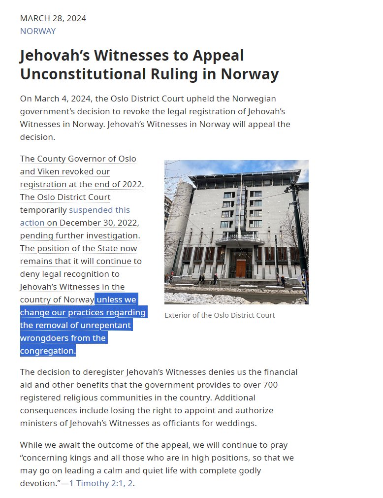 After a lengthy hiatus, the Jehovah's Witness 'newsroom' has finally posted an update for their members on the status of their lawsuit against Norway. The problem is, the JWs have misled their own members into believing that Norway has challenged the rights of Jehovah's