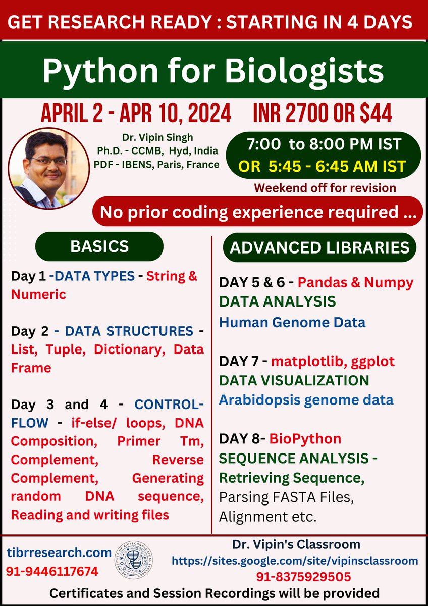 dr_vipin_singh's tweet image. For registration and course details - lnkd.in/daXyJRvc
For reviews - lnkd.in/de8_bKQa
Biology has changed - and so should you - coding is simple, intuitive and engaging write your first few of the many codes you may potentially write ... with me ! #CodeWithMe