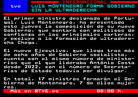 bit.ly/3s7jF88

LUIS MONTENEGRO FORMA GOBIERNO SIN LA ULTRADERECHA

#Portugal #Gobierno #LuísMontenegro #Chega #Socialista #RTVE
⌚ 00:42