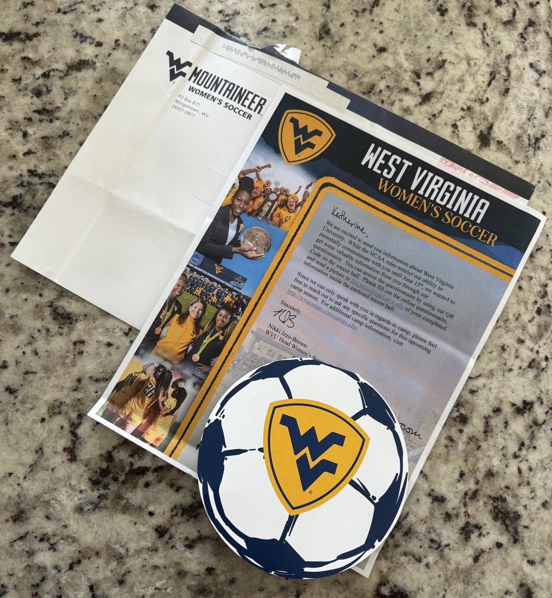 So excited to get 📫 from @wvuwomenssoccer ! Thank you @WVUIzzoBrown @LisaStoiaWVU @_EricBeltran for the info. Looking forward to learning more. #HailWV @bobbypup @ImYouthSoccer @scoutingzone