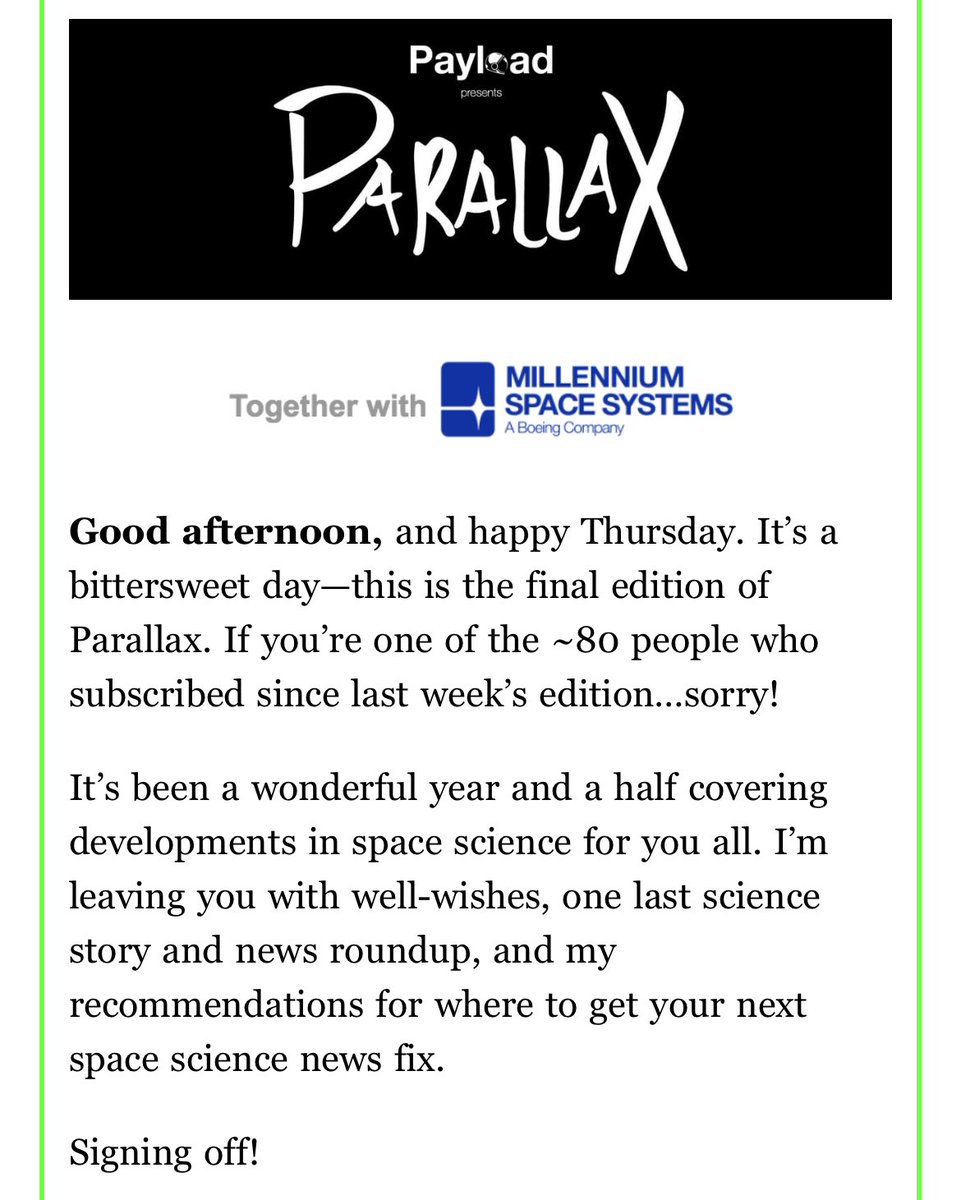 The end of an era. Hats off to <a href="/RachaelZisk/">rachael ⚡</a> for brilliantly leading Parallax to the top of the space science league table. 

We love science at <a href="/payloadspace/">Payload 🚀</a> but for now…Rachael is concentrating her efforts to build the <a href="/ignitionnuclear/">Ignition</a> newsletter which needs her undivided