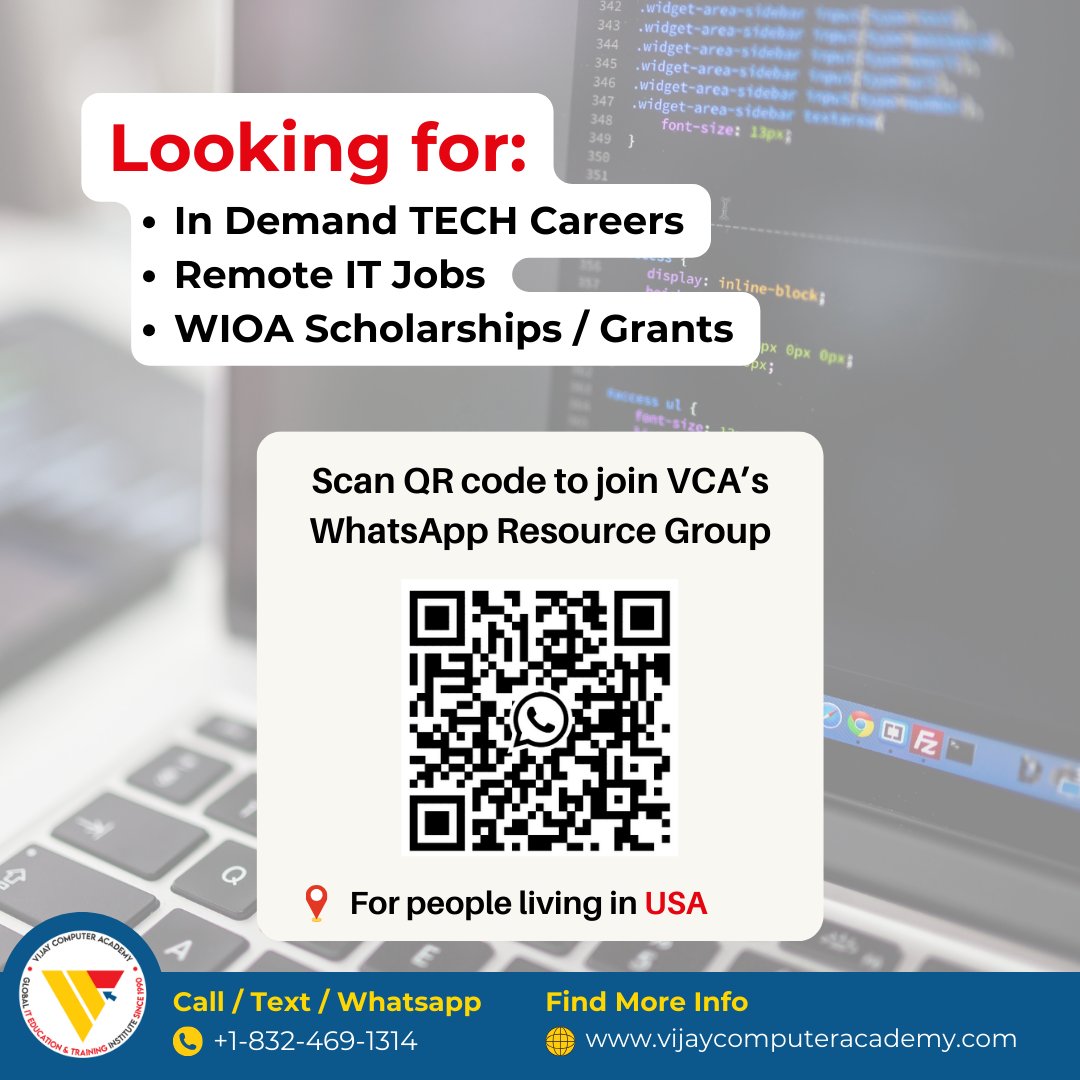 👋🏻 Looking for: - In Demand TECH Careers - Remote IT Jobs - WIOA Scholarships / Grants Join VCA’s WhatsApp Resource Group if you live in the USA. Scan this QR code. Or sign up now vijaycomputeracademy.com/vca-whatsapp-g… Now enrolling in April's new cohorts vijaycomputeracademy.com/inquiry-page/