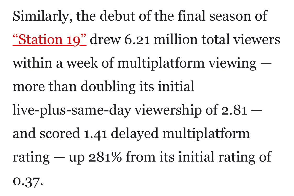 6.21 MILLION total viewers within a week AND an increase of 281% from initial ratings!!😭 🔗 thewrap.com/911-show-seaso… the numbers don’t lie. we keep fighting the good fight!💪🏻 NINETEEN!❤️‍🔥 #savestation19 #station19