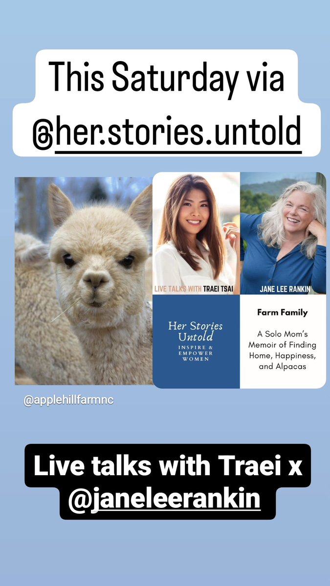 This Saturday
<a href="/TraeiTsai/">Traei Tsai</a> x Jane Lee Rankin
A Solo mom's journey of survival and an Alpaca Farm !!! How does this all tie in together??!!
#women