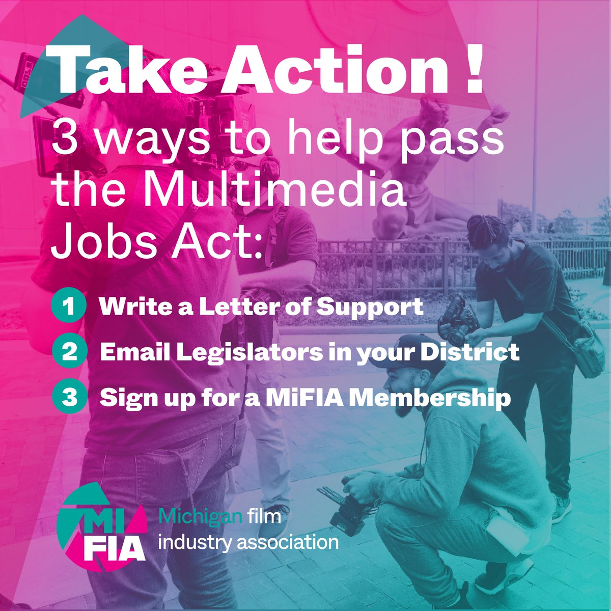 How can you help pass the Multimedia Jobs Act? 

1. Write a letter of support to the House Committee
mifia.org/write-letter-o…

2. Send an email to legislators in your district mifia.org/take-action

3. Sign up for a MiFIA membership or become a sponsor mifia.org/sign-up