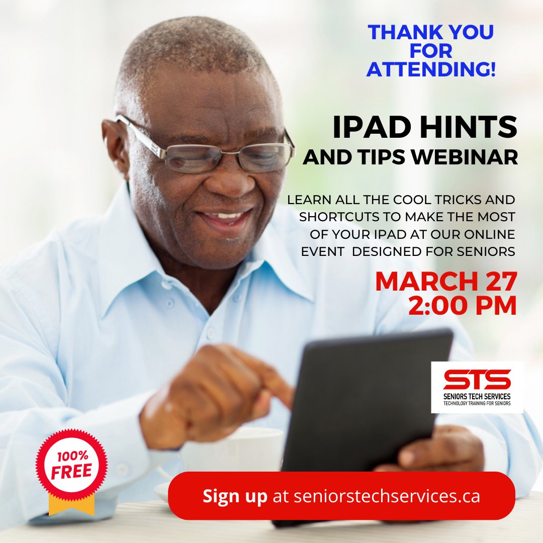 Thank you to everyone who joined our webinar this week on iPad Hints and Tips! Your enthusiasm and participation made it a great success. Stay tuned for more valuable tech insights. #SeniorsTech #iPadTips #TechSavvySeniors #Seniorstechservices