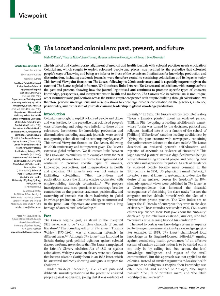 Ṣẹ̀yẹ Abímbọ́lá (@seyeabimbola) on Twitter photo The Lancet and colonialism: past, present, and future thelancet.com/journals/lance…
Please read our brief look <a href="/TheLancet/">The Lancet</a>'s past, what it says about its present, & might about its future.
"Influence unfairly accumulated through colonialism must be redirected to egalitarian purposes." The Lancet and colonialism: past, present, and future thelancet.com/journals/lance…
Please read our brief look <a href="/TheLancet/">The Lancet</a>'s past, what it says about its present, & might about its future.
"Influence unfairly accumulated through colonialism must be redirected to egalitarian purposes."