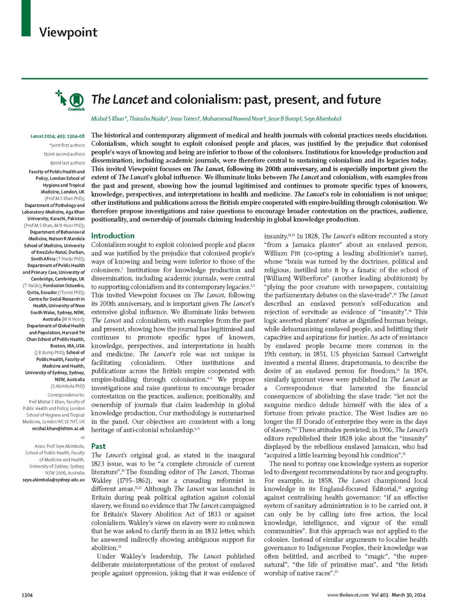 The Lancet and colonialism: past, present, and future thelancet.com/journals/lance… Please read our brief look @TheLancet's past, what it says about its present, & might about its future. 'Influence unfairly accumulated through colonialism must be redirected to egalitarian purposes.'