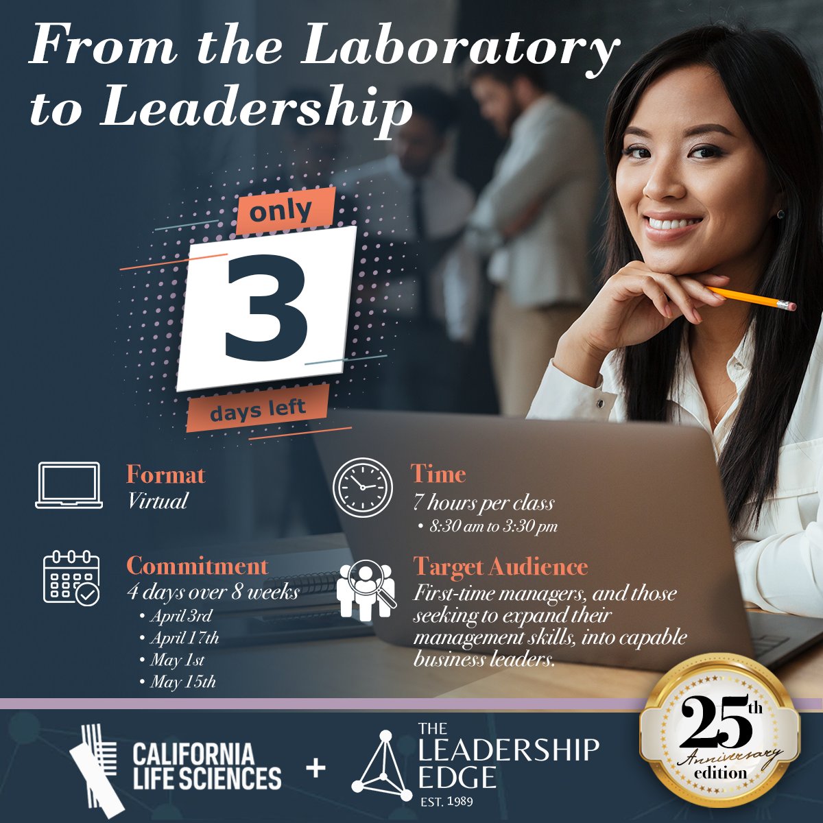 3 DAYS LEFT to sign up for our Virtual program w/ @LabtoLeader kicking off April 3rd from the convenience of your workplace. Prepare your team for success with the 'From the Laboratory to Leadership' Program! #Virtual #Newmanagers Register bit.ly/3VB8zEQ
