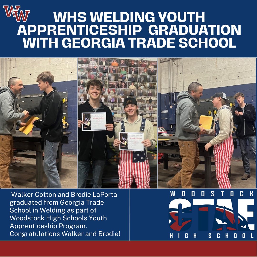 As part of the WHS Youth Apprenticeship Program, Walker Cotton and Brodie LaPorta graduated from Georgia Trade School in Welding! They are very excited as they embark on their careers! Congratulations Walker and Brodie! #CTAEDelivers #WHSCTAE #Wolverinesatwork #1Woodstock