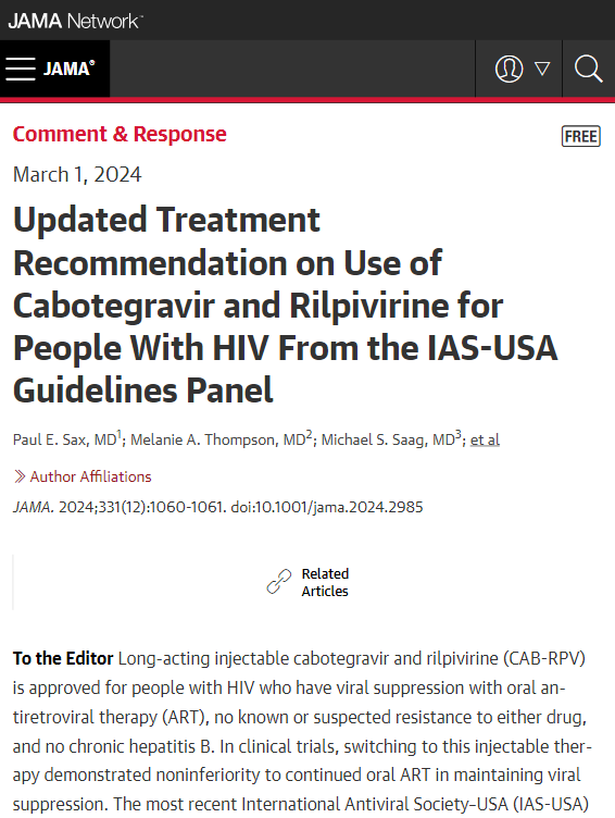Letter by @PaulSaxMD et al for the IAS-USA Treatment Guidelines Panel provides an updated treatment recommendation on the use of cabotegravir and rilpivirine for people with HIV. ja.ma/4awAdqK