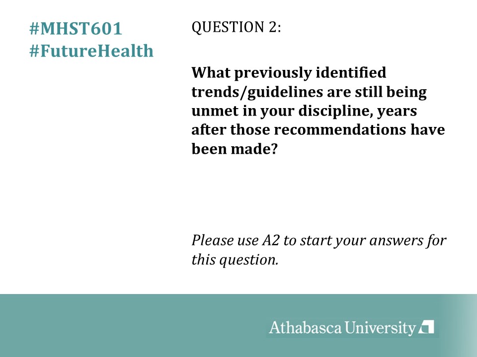 Q2: What previously identified trends/guidelines are still being unmet in your discipline, years after those recommendations have been made? #MHST601 #FutureHealth