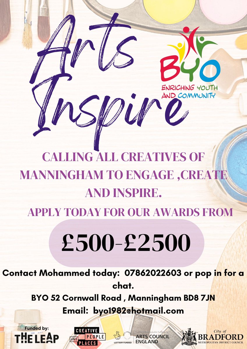 Our Creative Place Partner #BYO are offering Awards of £500-£2500 for #communityledculture projects in Manningham area. Get in touch for more info. #theleapBD #Communityledculture #Bradford #ArtsCouncilEngland #Create #Arts #Community