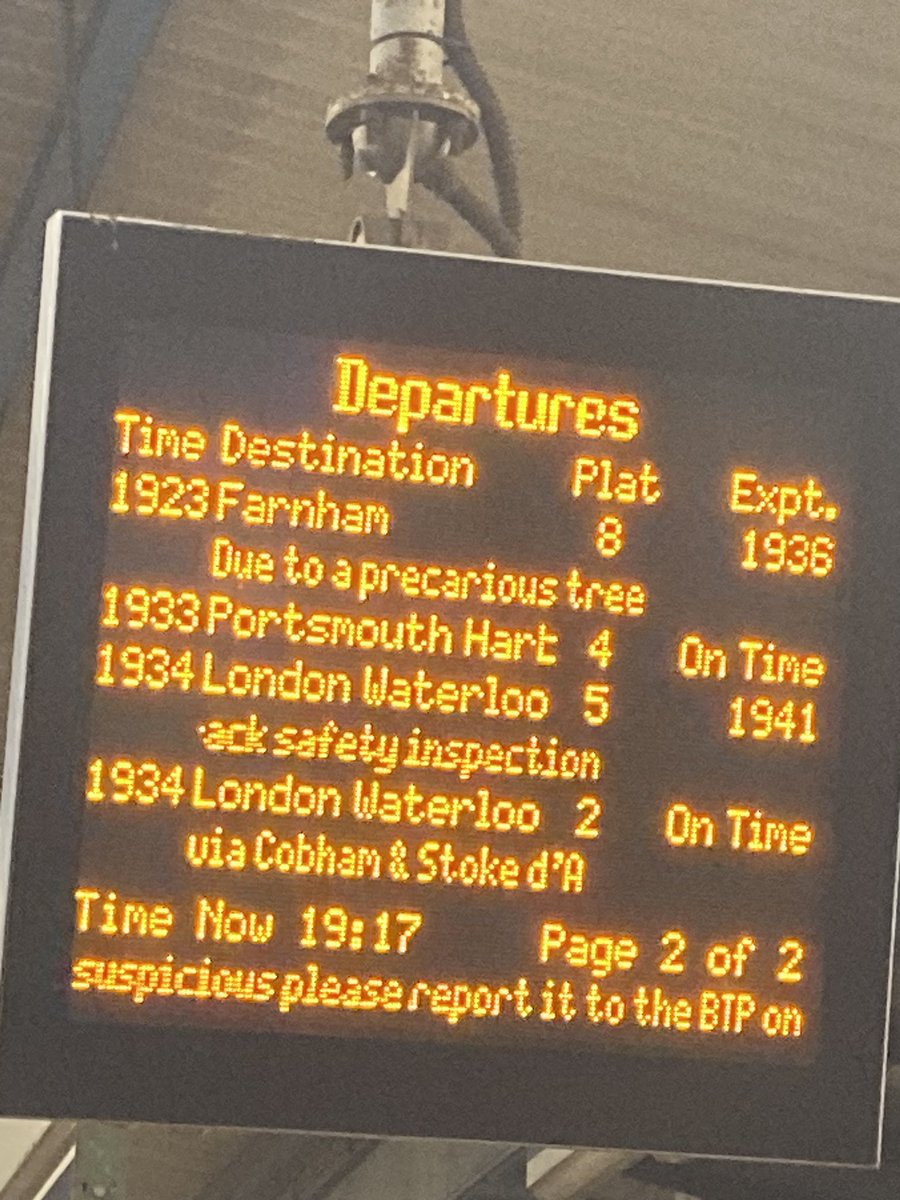 In all my years of commuting I have never been delayed by a ‘precarious’ tree. Fallen, yes. Precarious, no. On the board! #commuting #precarious #trains