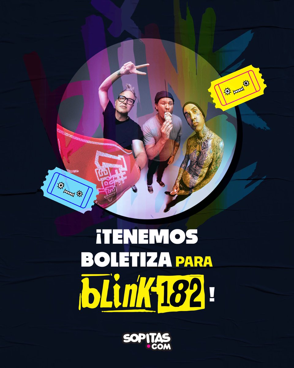 sopitasfm's tweet photo. #Boletiza | ¡Lánzate gratis al show de @blink182 en el Palacio de los Deportes! 🇲🇽

No te pierdas del show de Mark, Tom y Travis en México. 

Te dejamos la dinámica por acá: https://t.co/TGZ61iBiiS 📲

¡Nos vemos en el concierto! https://t.co/QjR66CB76P