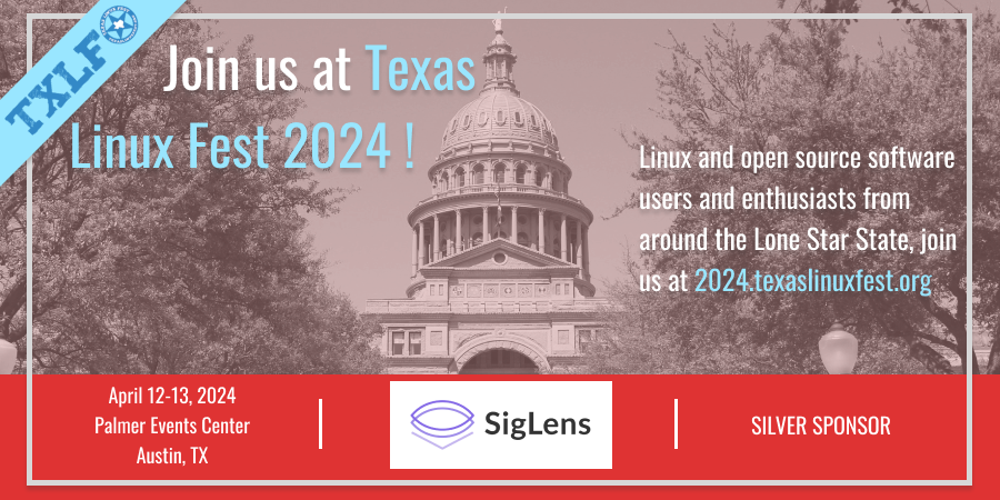 A huge thank you goes out to @SigLensHQ for being a Silver Sponsor of the #TXLF 2024! Join us at Texas Linux Fest April 12-13, 2024 in Austin, TX! 2024.texaslinuxfest.org