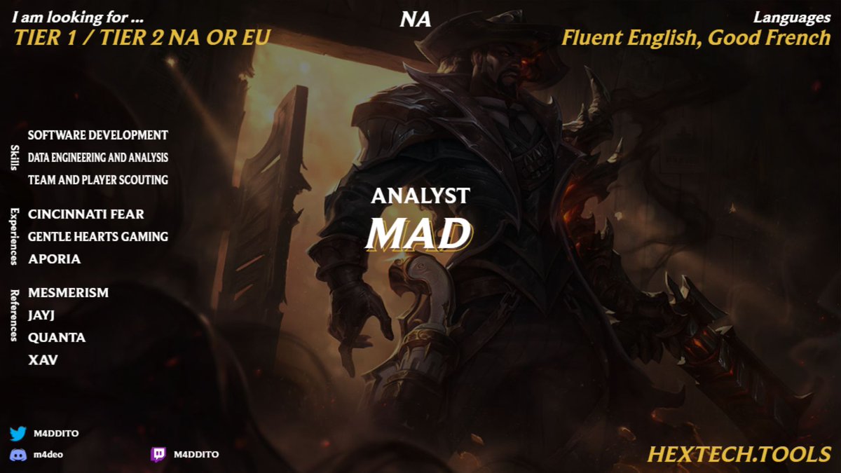 I am LFT for Summer 2024 looking for any offers in NA and EU, open to all other regions as well.

Some of the things I can do include
- League of Legends gameplay analysis and scouting
- Software Development
- Data Engineering 

Likes and Retweets are appreciated :)