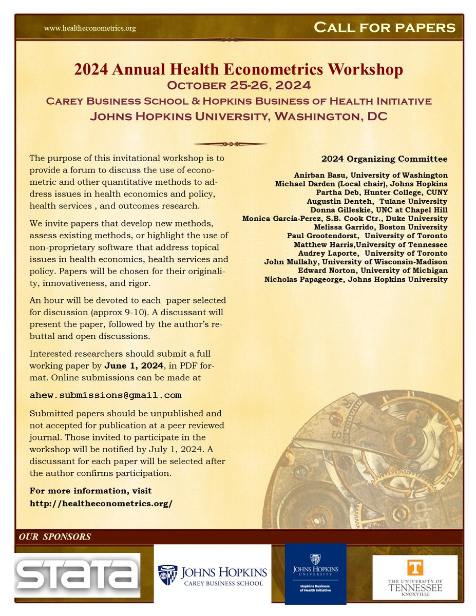 CALL FOR PAPERS! The 2024 AHEW will be hosted by Johns Hopkins University Carey School of Business and Hopkins Business of Health Initiative. Oct. 25-26. Hopkins Bloomberg Center - Penn Ave., DC ahew.submissions@gmail.com Huge thanks to @Hopkins_Econ and @healthecon_dan