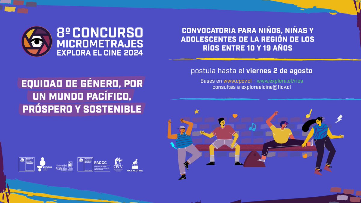 8° Concurso de MicroMetrajes Explora El Cine
Iniciativa liderada por <a href="/cpcv_valdivia/">CPCV</a>  y <a href="/explora_cl/">Programa Explora</a>  Los Ríos, que tiene por objetivo promover la creación audiovisual por niñas, niños y adolescentes de la Región de los Ríos.
Bases  explora.cl/rios y cpcv.cl