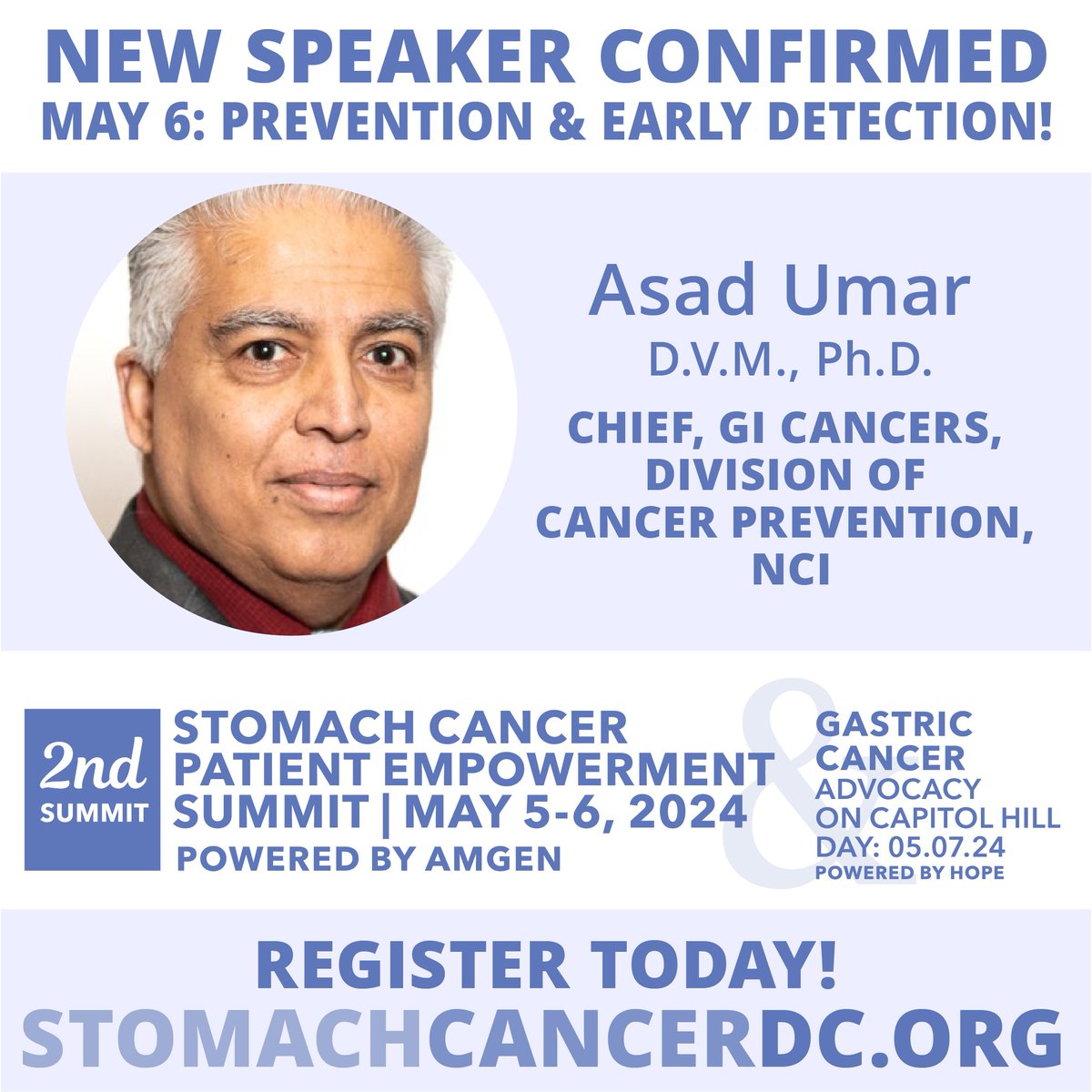 Another confirmed speaker!! This is going to be such an informative event. 🙌 We are SO excited to announce that Dr. Asad Umar, NCI Chief GI and Other Cancers Reserach Group, will be speaking at our upcoming Stomach Cancer Patient Empowerment Summit May 5-6th in DC. If you ...
