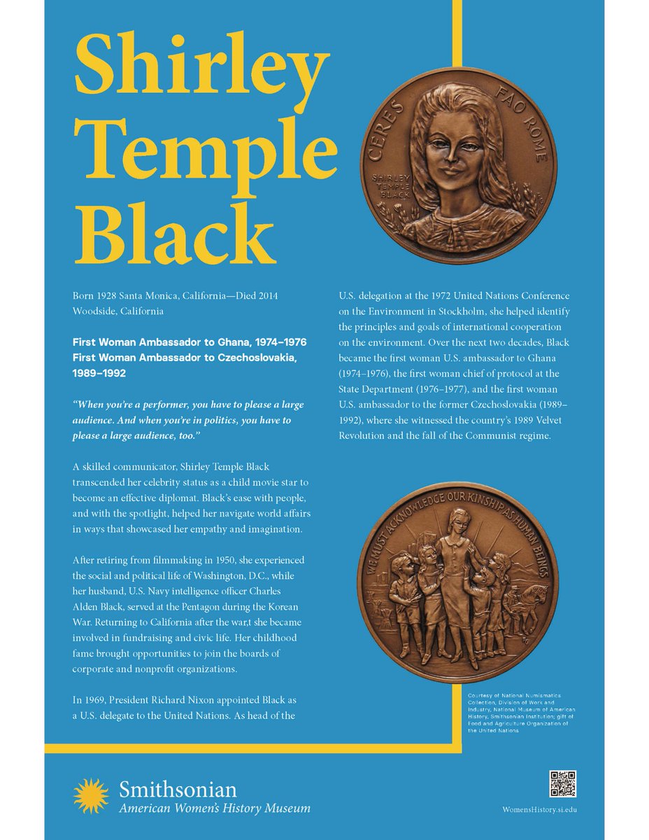 A skilled communicator, Shirley Temple Black transcended her celebrity status as a child movie star to become an effective diplomat, serving as the first woman ambassador to Ghana (1974-76) and Czechoslovakia (1989-92). @SIAmericanWomen #WHM2024
