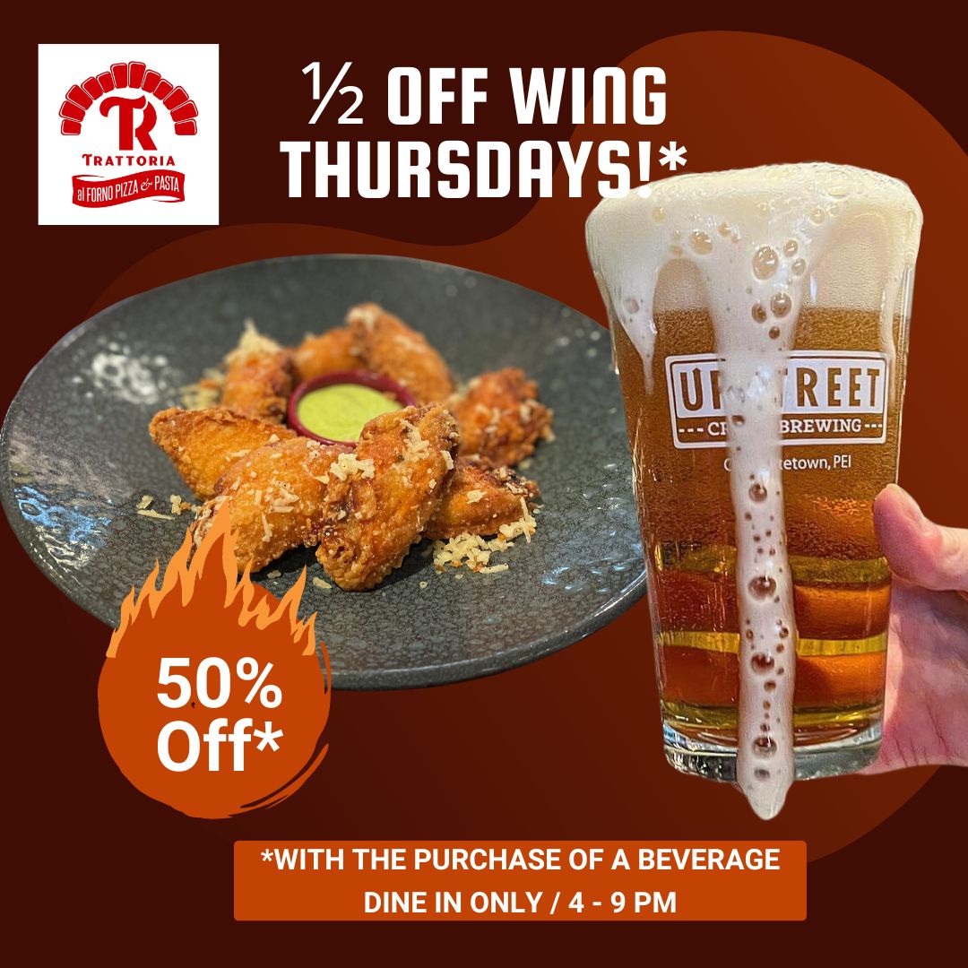 TRTrattoria's tweet photo. It's Wing Thursday! Get them 1/2 price with the purchase of a beverage, dine in only.

20% off any Pizza on Thursdays too! Dine in only. https://t.co/JEdxQ4W47p
