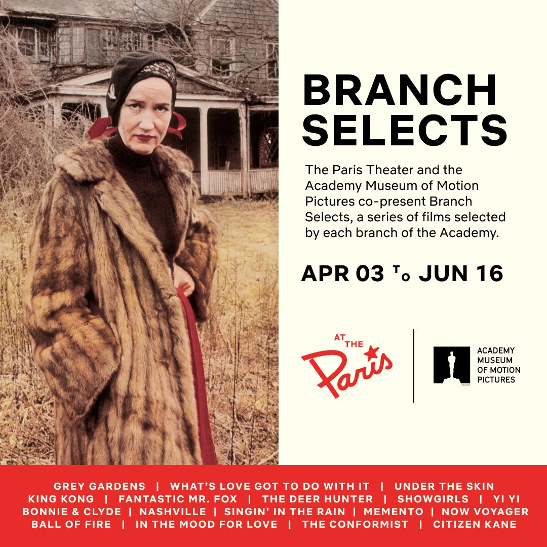 .@ParisTheaterNYC and the @AcademyMuseum of Motion Pictures co-present Branch Selects, a series of films selected by each branch of @TheAcademy. This exciting series kicks off April 3 with GREY GARDENS (1975) chosen by the Documentary Branch! Tickets: Bit.ly/branchselectsp…