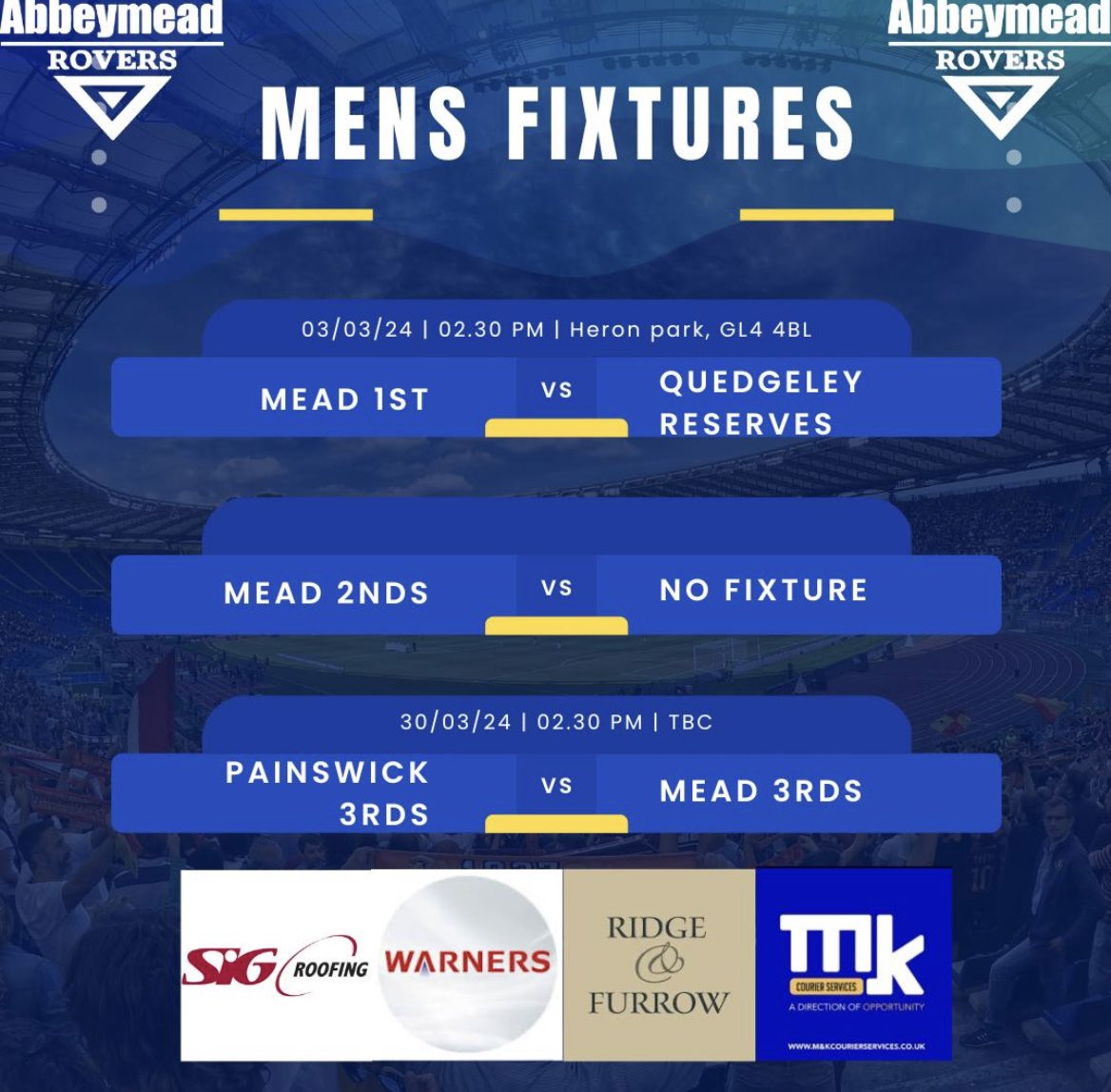 Saturdays Fixtures 1st team host @QWFC94 Res in @Stroud_League Div 2 2nds have a free week 3rds travel to @PainswickFC 3rds in @Stroud_League Div 6