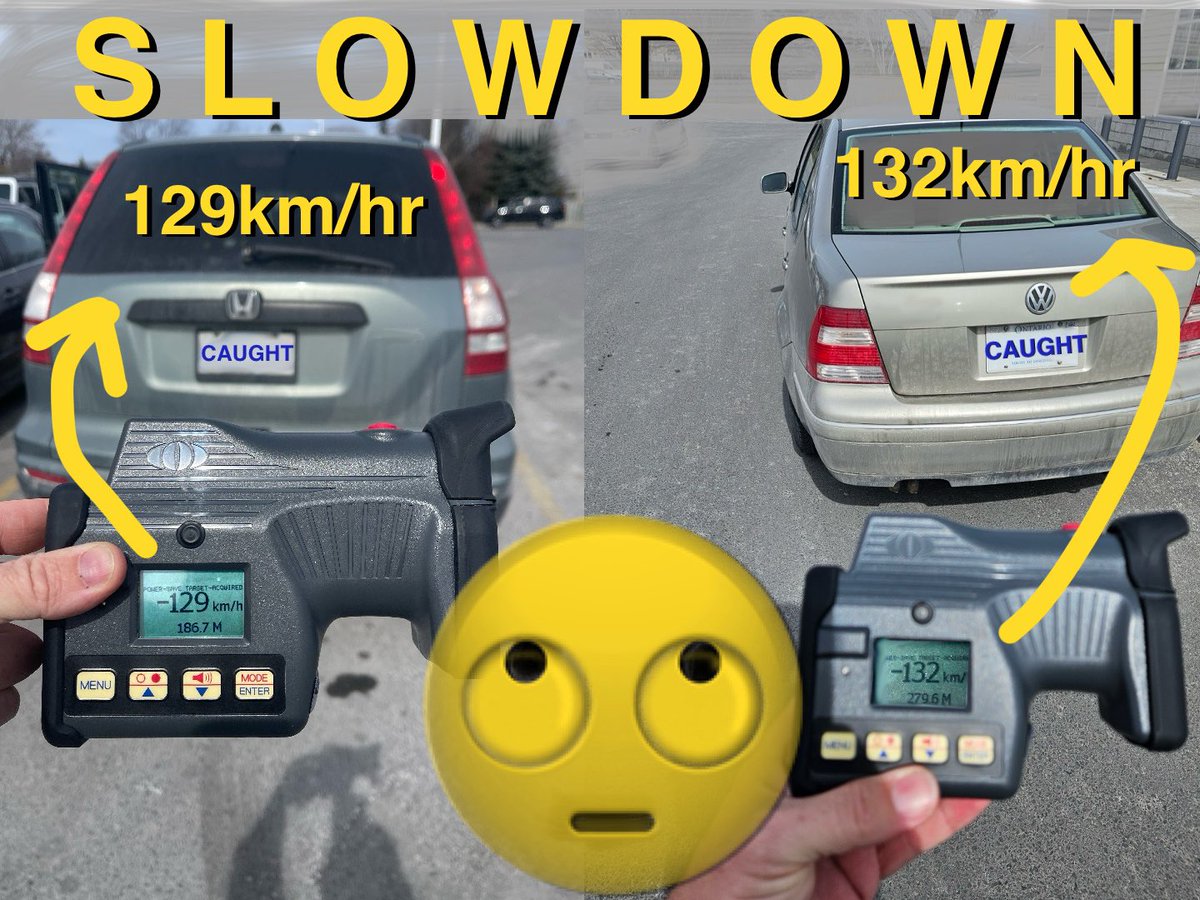 These G2 drivers were #caught doing 132 and 129km/hr in a 60km/hr zone… at the same time. They were both charged with #StuntDriving. They were each issued:
• A court date
• A #30DayLicenceSuspension
• A #14DayVehicleImpound 
PLEASE #slowdown
