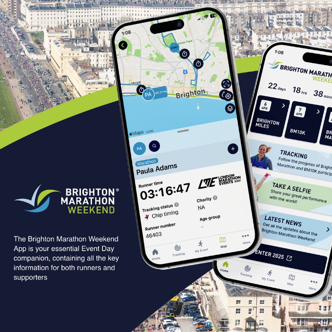 The official Brighton Marathon Weekend app is now LIVE! 🎉 🎉 🎉 It brings the excitement of Event Day to spectators by delivering real-time tracking and results! Download today 📲 apple.co/3VEUiqY