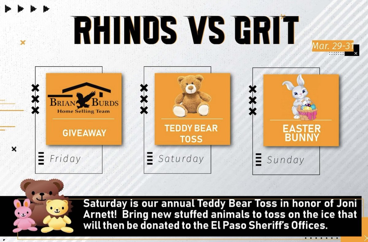 🚨Mascots, Teddy Bear Toss, and Easter Bunny🚨 Saturday is the annual Teddy Bear Toss, where we ask fans to bring new stuffed animals to toss on the ice after the first Rhino goal. Sunday come visit the Easter bunny on Sunday. Friday and Saturday at 7PM and Sunday at 4:30PM.