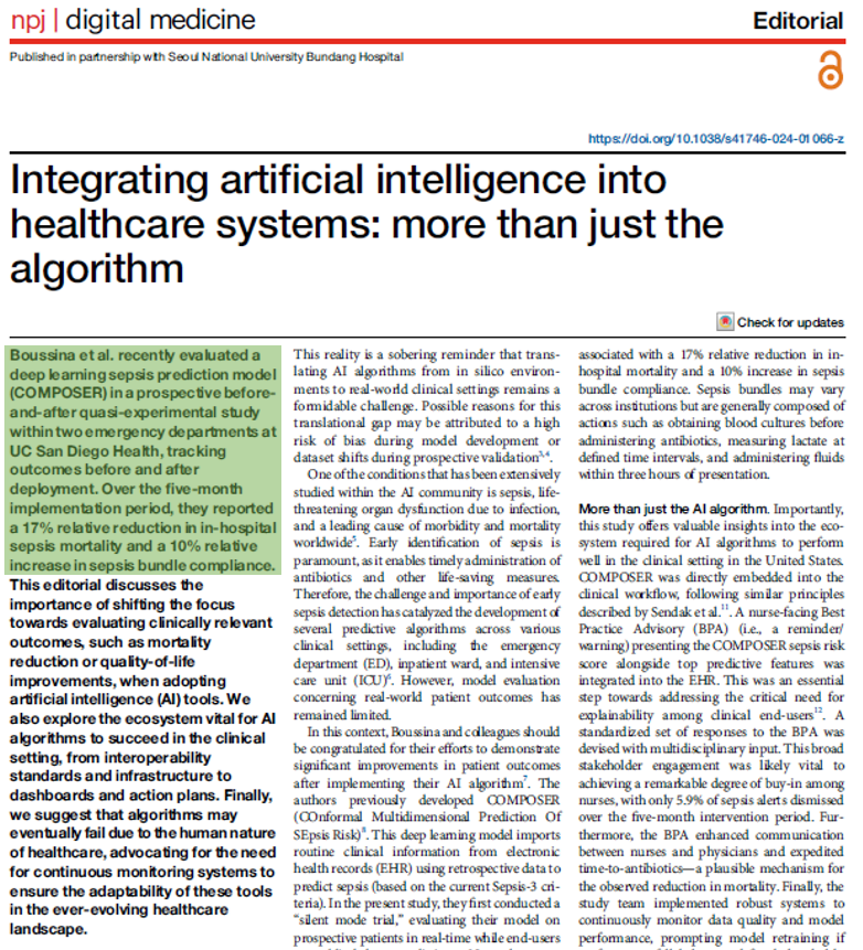 The @UCSDHealth sepsis AI study is the first to show improvement in clinical outcomes with a deep-learning AI model Credit to the team for focusing on workflow, since healthcare AI is about more than algorithms – as the editorial highlights! (5/5) 👉nature.com/articles/s4174…