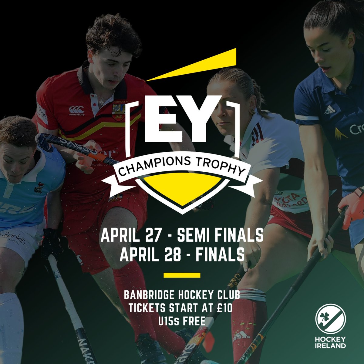 🚨 EY Champions Trophy Weekend 🚨 As the regular season close comes into view, it's not long until the EY Hockey League Champions Trophy Weekend. Announcing this year's event will be hosted by @Banbridge HC with semi finals Sat April 27 and finals Sun April 28.