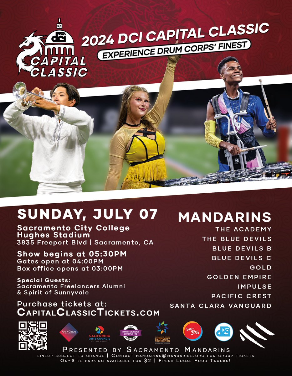 🎟️🎟️Tickets are now available for the 2024 DCI Capital Classic! Sunday, July 7th at Sacramento City College, don't miss out on the premier music event of the year. visit mandarins.org/cc to get your tickets today! 🔥🐲