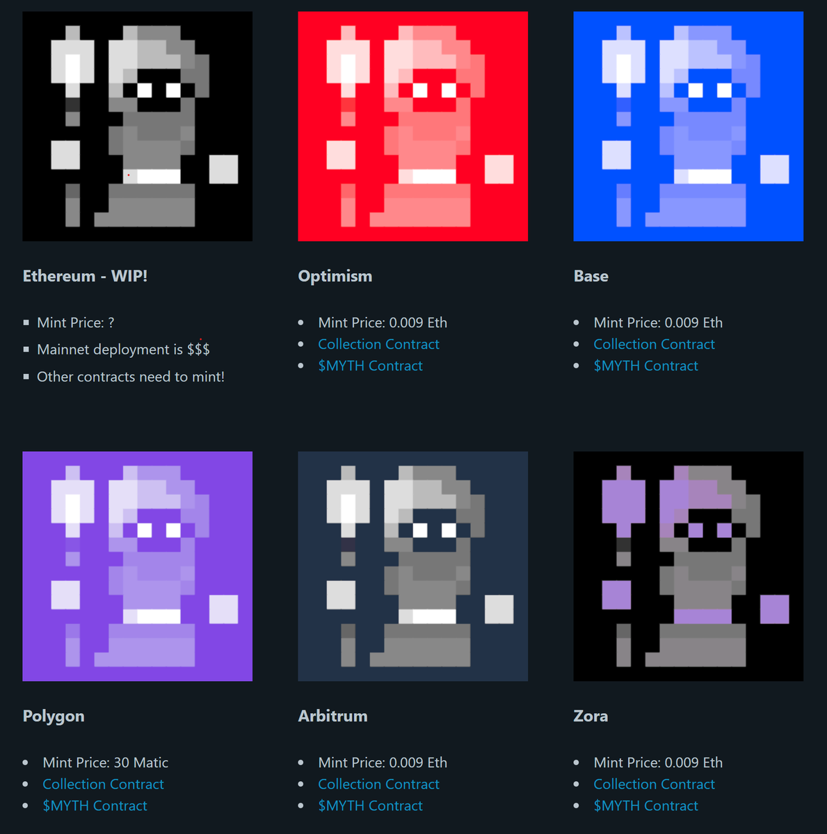 MonkMatto's tweet image. All contracts unpaused - mints are live! Which collection will mint out first? Will it be the Mythics on @Optimism, @base, @0xPolygon, @arbitrum, or @ourZORA?

Minting from contracts only, links at mythics . art, more info in my discord. 🙏